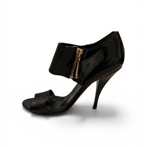 Gucci Black Patent Open-Toe Stiletto with Gold Zipper
